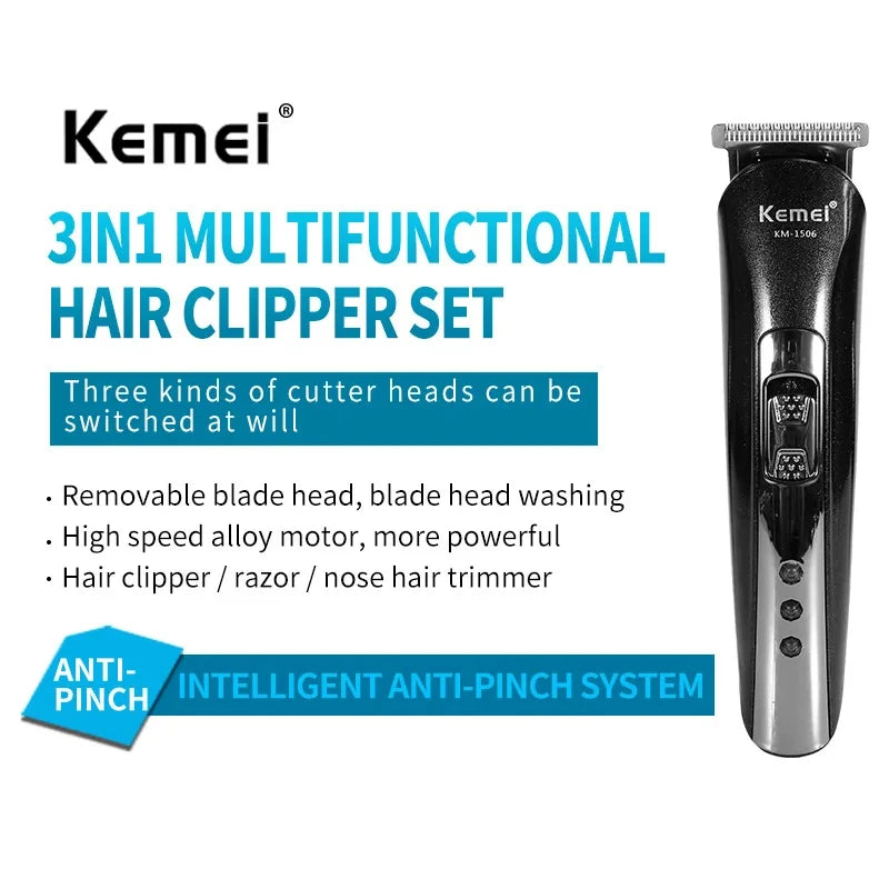 Kemei KM-1506 3 in 1 Electric Shaver USB Rechargeable Hair Trimmer Professional Nose Shaving Machine for Men