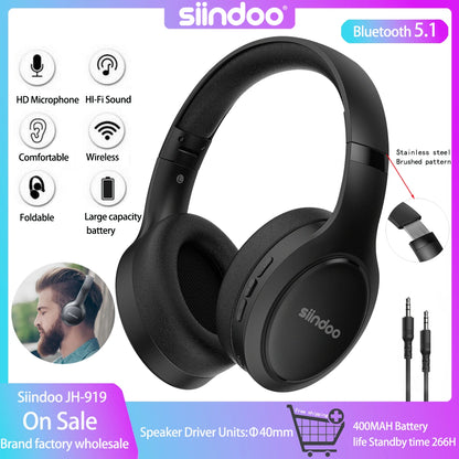 Siindoo JH-919 Wireless Bluetooth Headphones with Foldable Stereo Super Bass and Noise Reduction Mic for iPhone Laptop PC TV