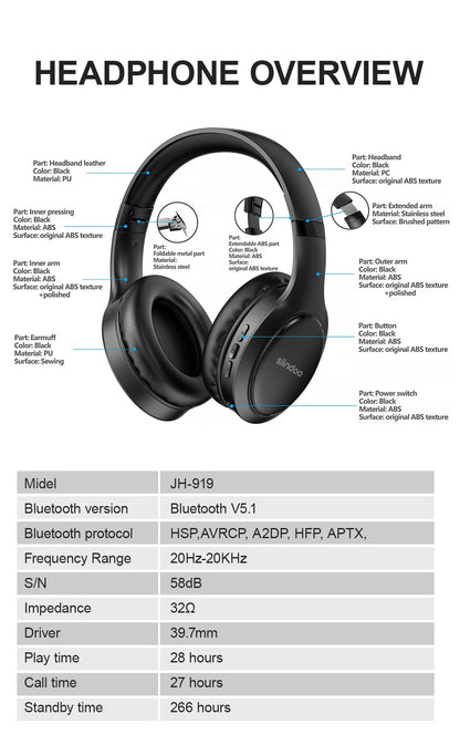 Siindoo JH-919 Wireless Bluetooth Headphones with Foldable Stereo Super Bass and Noise Reduction Mic for iPhone Laptop PC TV