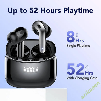 Bluetooth 5.0 Wireless Earbuds Headphones with 52 Hrs Playtime LED Display Waterproof IPX7 4 Mic Call Noise Cancelling Charging Case